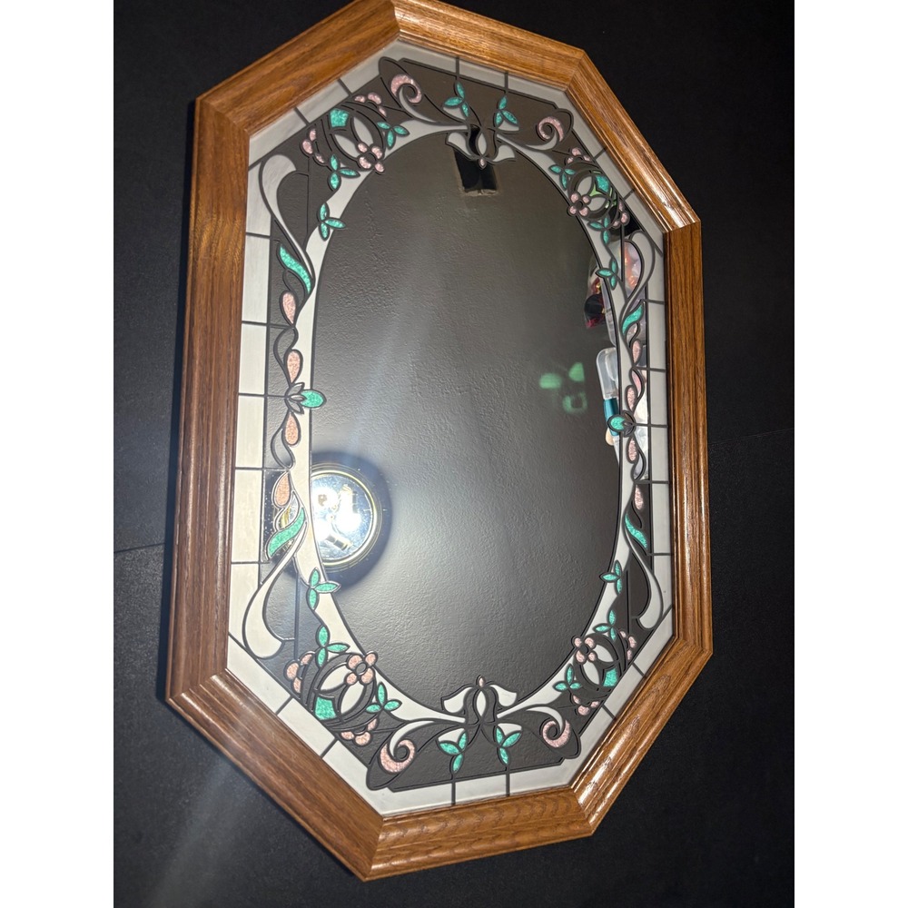 vintage octagonal wall mirror faux-stain glass wood frame 31"x 21" cottagecore